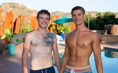 Two american dudes muscular Scott Finn and tough guy Brandon Anderson in hard anal sex in the pool