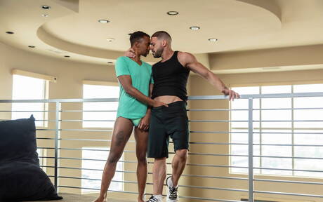 Amerykański gorący niedźwiedź Ricky Larkin i muskularny Bucky Wright w międzyrasowej scenie ssania kutasa