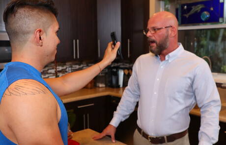 Sexy americans, husky guy Adrian Suarez and bear Aj Marshall in hot ass fuck action in the kitchen