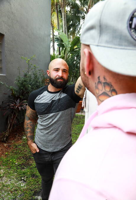 Two american dudes gay bear Atlas Grant and husky guy Mac Savage in hot anal sex outside