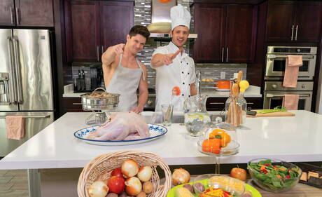 Pretty american boys beefy Nate Grimes and strongman Devin Franco licking ass and fisting in the kitchen