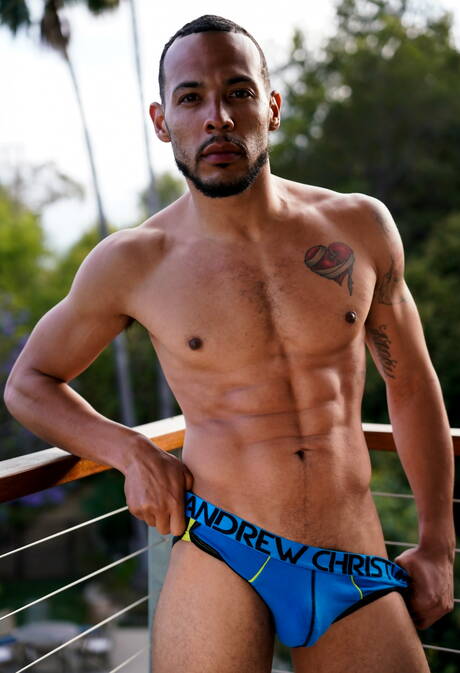 Icon Male: Sexy boy Elijah Wilde and sensual dude Vince Parker in black on white love outside