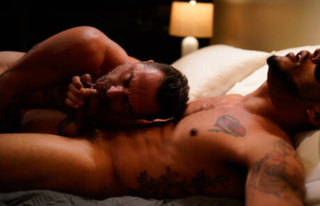 Sexy boy Elijah Wilde and sensual dude Vince Parker in black on white love outside