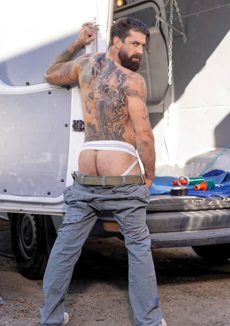 Two american dudes hairy bear Alpha Wolfe and superstud Jim Fit doing a handjob outdoor