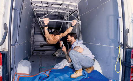 Two american dudes hairy bear Alpha Wolfe and superstud Jim Fit doing a handjob outdoor