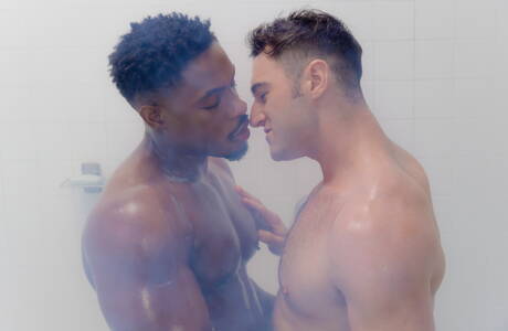 British hunk Michael Boston and ebony tough guy Deangelo Jackson in black on white love in hot shower