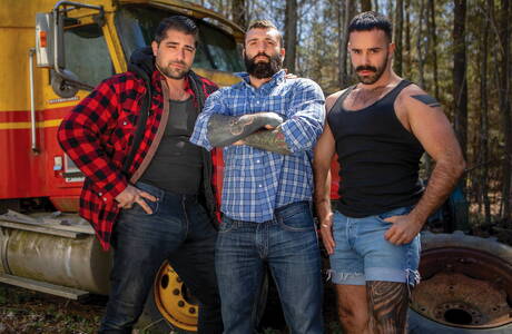 Horny boys Teddy Torres, Markus Kage and Ryan Bones in hot threesome ass fuck action outdoor