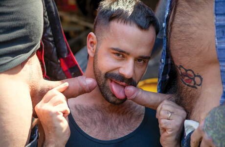 Horny boys Teddy Torres, Markus Kage and Ryan Bones in hot threesome ass fuck action outdoor