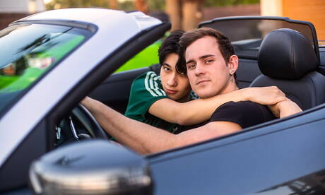 Nice american buddies young dude Reece Jackson and tough guy Josh Brady fuck ass after blowjob outdoor