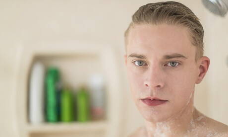 Young boy Harley Xavier teasing his dick in hot shower