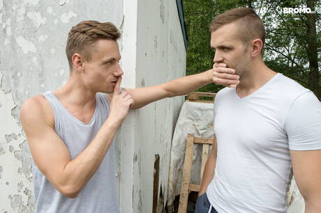 Sensual guy Alex Morgan and beautiful buddy Anton Sanek have anal sex outdoor