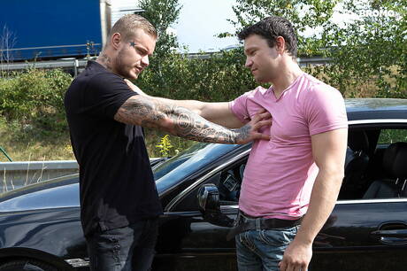 Czech muscular Ryan Cage and  Eric Spector in hot anal sex with fisting outside