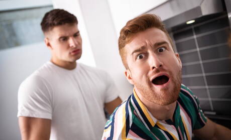 Canadian muscular Malik Delgaty and french hairy stud Olivier Robert fuck ass after sucking cock in kitchen