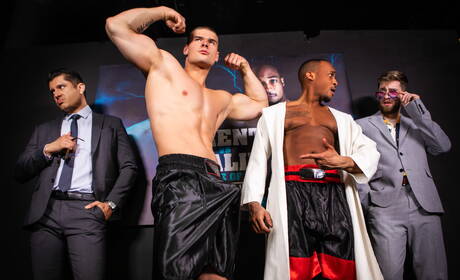 Zwarte gespierde man Trent King en Canadese bodybuilder Malik Delgaty in hete interraciale anale seks