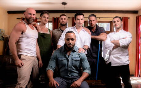 Muscle black Dillon Diaz gangbanged in big interracial gay orgy