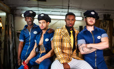 River, Ricky, Matthew, DeAngelo in hot interracial groupsex outdoor