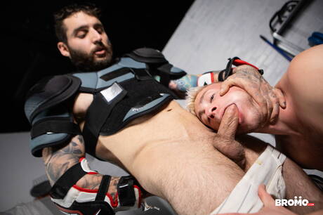 Canadian bodybuilder Tony Dangelo and canadian superstud Aiden Jacobs fuck after dick sucking