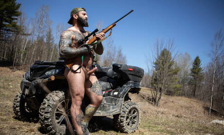 Canadian hot bear Markus Kage and french otter Olivier Robert fuck ass after sucking dick outside