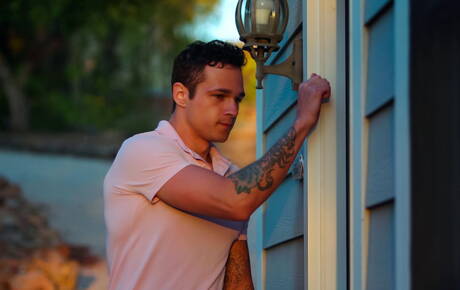 Two american guys young boy Trevor Harris and young boy Jayden Marcos drilling an ass outside