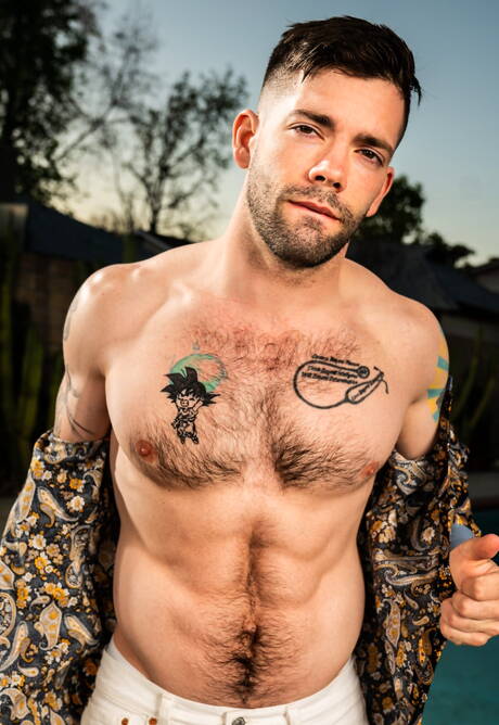 Nette amerikanische Jungs, der schöne Junge Jayden Marcos und der Otter Julian Brady posieren nackt am Pool