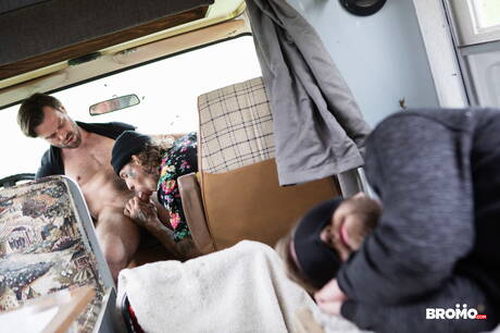 Canadian hunky guy Bo Sinn and american hairy stud James Fox in hot homosexual scene outside