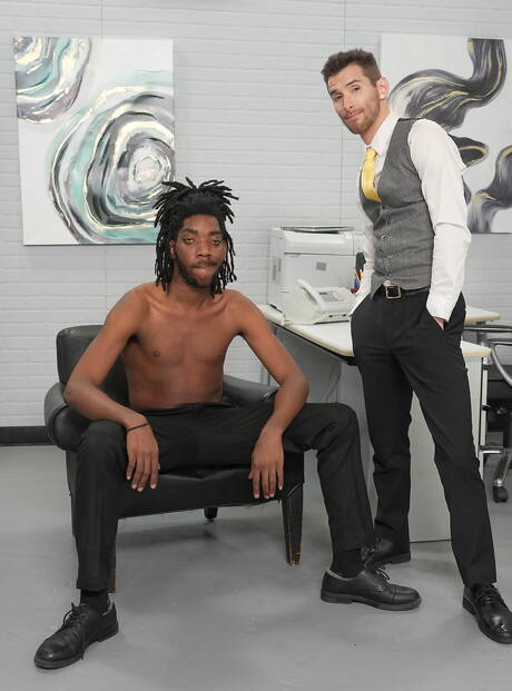 American hairy stud Mitch Matthews and muscular Q Jaxx in hot interracial anal sex