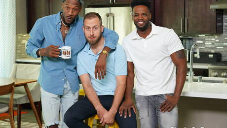 Sexy boys Joel Someone, Deepdicc and Eli Martinez in threesome interracial fuck scene in kitchen