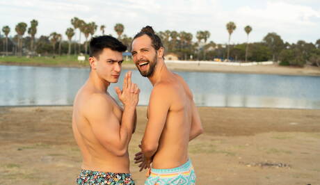 Tough guy Jaxon Kingston and hunk Thomas Johnson sucking and screwing each other on beach