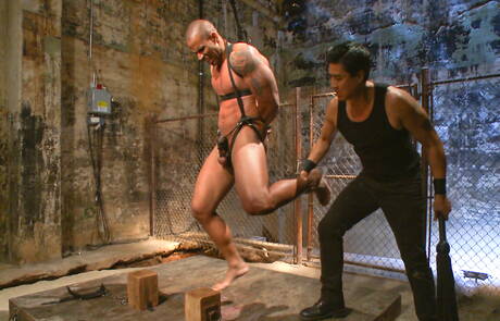 Black muscular Robert Axel hard roped