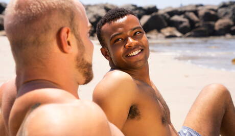 Hunky guy Brock and tough guy Ace fuck interracial ass after sucking cock on the beach