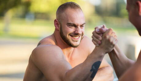 Beautiful guy Jack and sexy guy Brock in hard anal sex outside