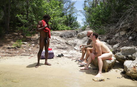 Nasty guys Devin Trez, Jason Collins and Michael Boston in hot interracial 3some ass fuck on beach