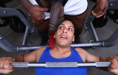 Hunky guy Leo Silva and black muscular Aaron Trainer in black on white sex