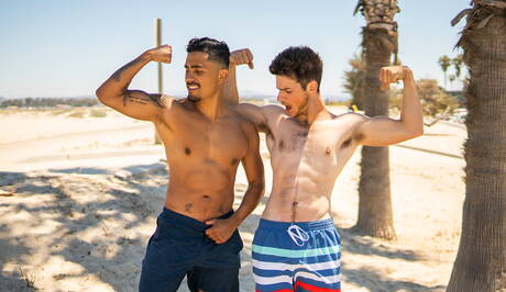 Latin tough guy Ricky Donovan and husky guy Archie fuck after blowjob outdoor