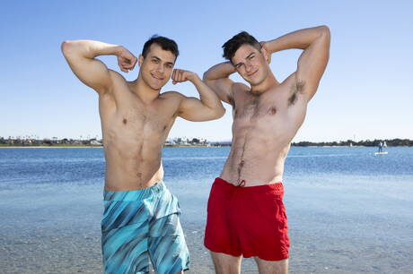 Superstud Archie and hunky guy Mitch have a hot couple sex on the beach