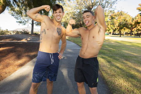 American stars hunk Brysen and bull Jayce in hard anal sex outside