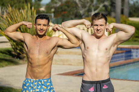 Latino husky guy Manny and superstud Clyde fuck ass after sucking at the pool