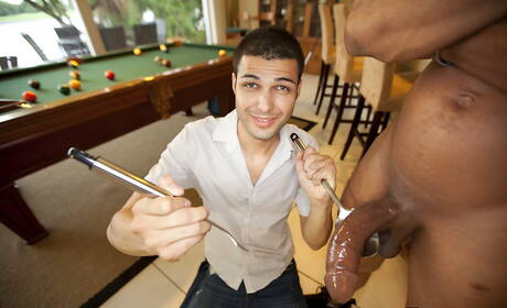 Ebony strong bull Castro Supreme and muscular Cristin fuck ass after interracial sucking