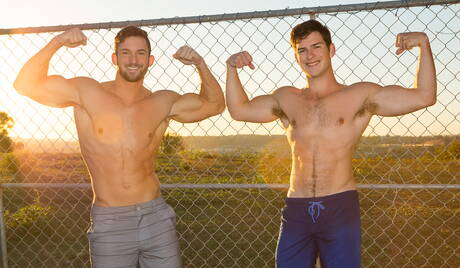 Hunky guy Joey and stud Archie fuck after blowjob outdoor