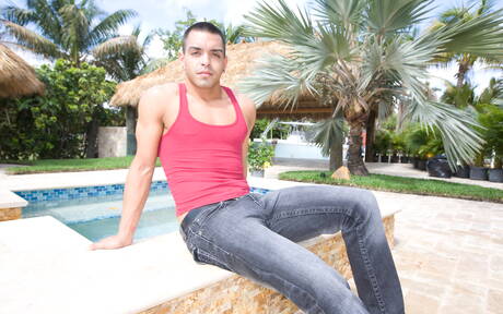 Black beefcake Izzy James and tough guy Malek Steel fuck ass after blowjob at the pool