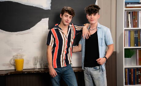 American pornstars twink Joey Mills and young Drake Von in hard anal sex in kitchen