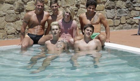 Brad, Connor, Rudy, Tim Walker, Timmy have a male orgy in the pool