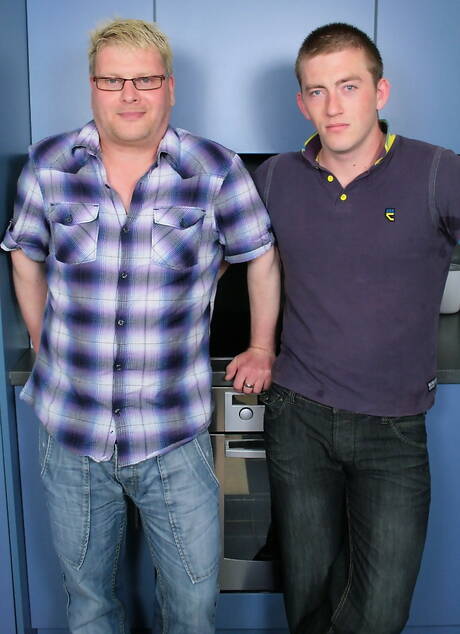 Strongman Joshua Martin and hunk Joe James in hot homosexual action in kitchen