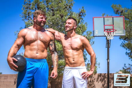 Aiden Woods and american gay bear Colby Jansen sucking and fucking each other at pool