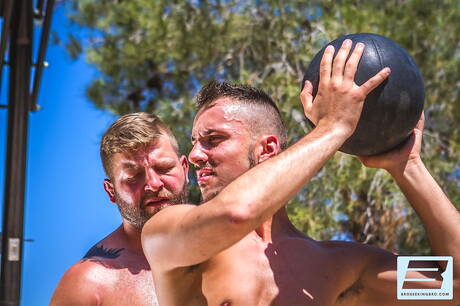 Aiden Woods and american gay bear Colby Jansen sucking and fucking each other at pool