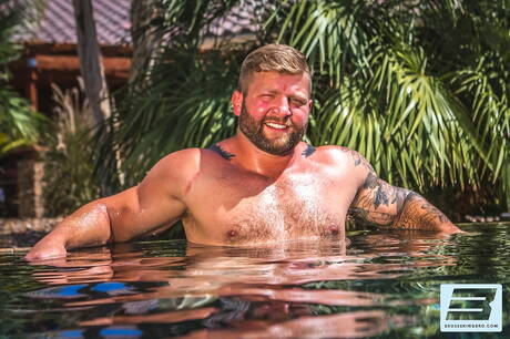 Aiden Woods and american gay bear Colby Jansen sucking and fucking each other at pool