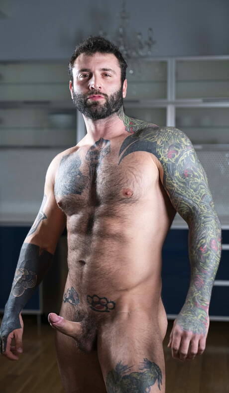 Canadian gay bear Markus Kage and black superstud Trent King in hot interracial anal sex in kitchen