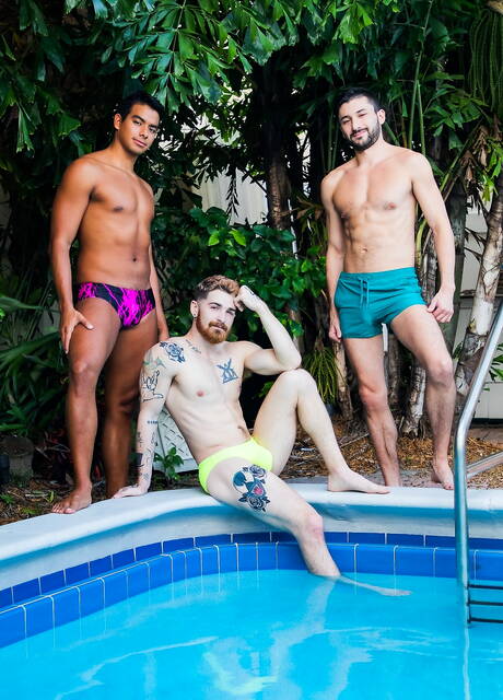 Sexy boys Jay Seabrook, Nick Milani and Scott Demarco in hot 3some ass fuck action at the pool