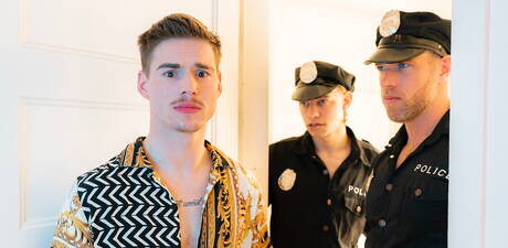 Hot boysAlex Mecum, Leo Louis and Lev Ivankov in hot threesome anal sex in kitchen