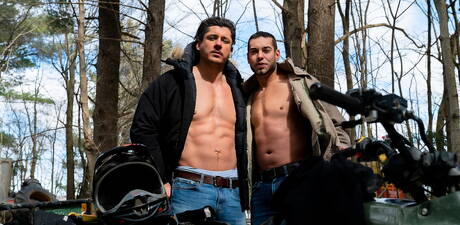 Canadian muscular Jack Kross and american hunky guy Rocky Vallarta drilling an ass outdoor